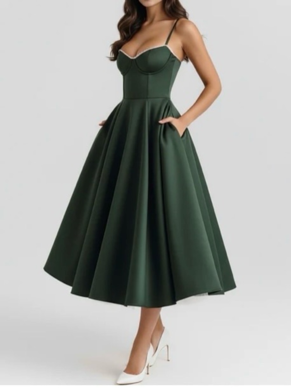 Forest Green Midi Fit-and-Flare Dress with Spaghetti Straps